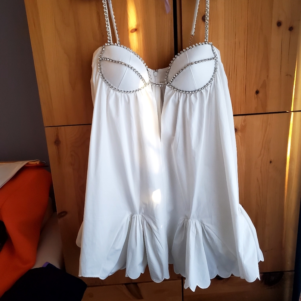 AREA White Mini Dress with Silver Accents